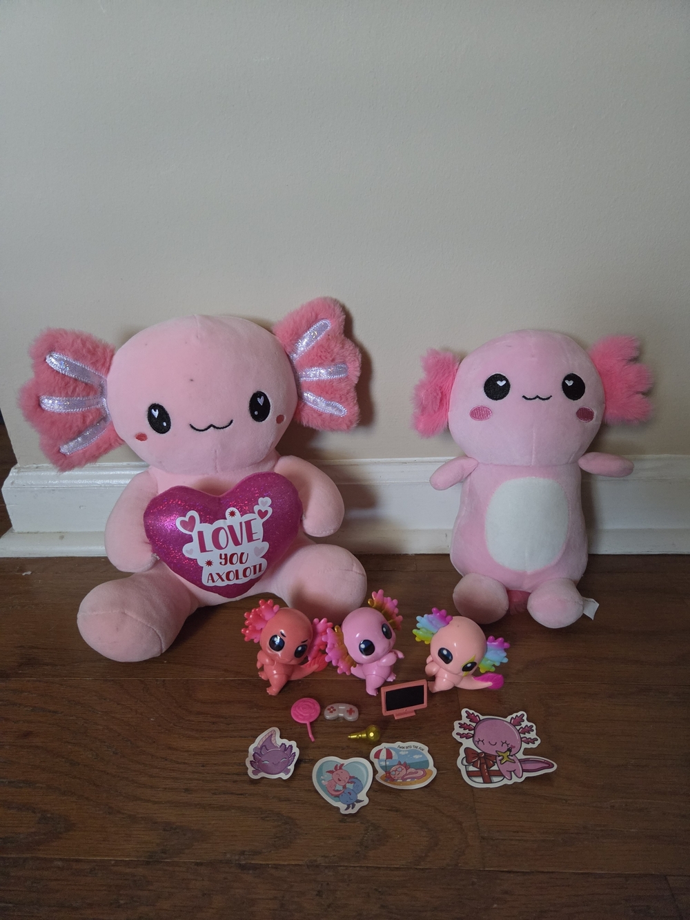 Axolotl Double Plush Set with Heart & 3 Toy Figures With Accessories & Stickers